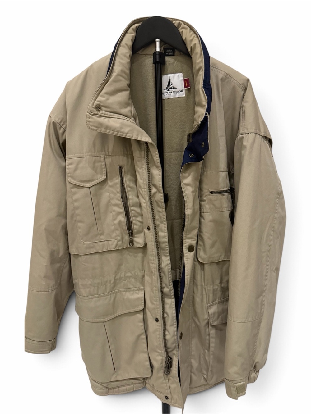 Vintage Misty Harbor Original Hooded Rain Coat L Beige Navy 90s Utility Parka